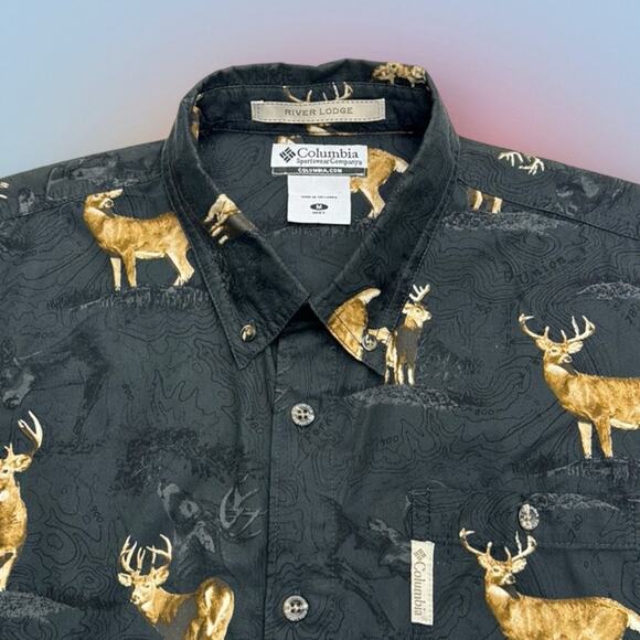 COLUMBIA Men’s Medium Black Deer Print Long Sleeve Dress Shirt - Picture 1 of 3
